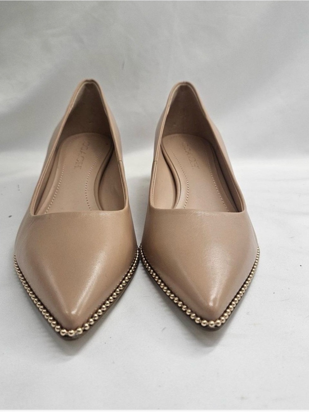Coach leather Heel Pumps with Decorative Gold Trim - Picture 2 of 7